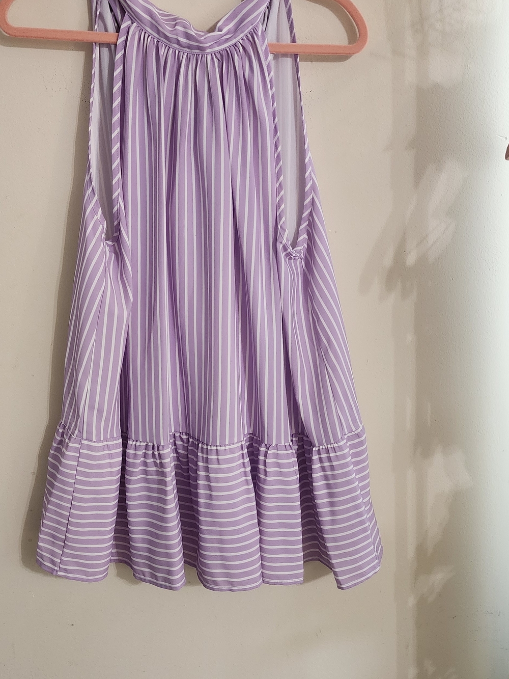 Sleeveless Purple and White Striped Tie-Neck Tiered Top, XL